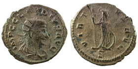 Claudius II. Gothicus. (268-269 AD). BI Antoninianus. (20mm, 2,94g) Antioch. Obv: IMP C CLAVDIVS AVG. draped and cuirassed bust right. Rev: VIRTVS AVG...