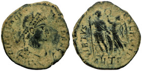 Arcadius. (394-400 AD). Follis. (17mm, 2,51g) Antioch. Obv: DN ARCADIVS PF AVG. diademed bust of Arcadius right. Rev: VIRTVS EXERCITI. Arcadius standi...