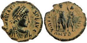 Arcadius. (394-400 AD). Follis. (17mm, 2,58g) Antioch. Obv: DN ARCADIVS PF AVG. diademed bust of Arcadius right. Rev: VIRTVS EXERCITI. Arcadius standi...