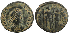 Arcadius. (394-400 AD). Follis. (19mm, 2,74g) Antioch. Obv: DN ARCADIVS PF AVG. diademed bust of Arcadius right. Rev: VIRTVS EXERCITI. Arcadius standi...