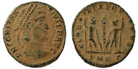 Constans. (346-349 AD). Æ Follis. (17mm, 1,98g) Cyzicus. Obv: DN FL CONSTANS PF AVG. pearl-diademed bust of Constans right. Rev: GLORIA EXERCITVS. two...