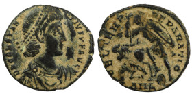 Constantinus II. (351-354 AD). Follis. (17mm, 2,21g) Antioch. Obv: D N CONSTANTIVS P F AVG. diademed bust of Constantinus right. Rev: FEL TEMP REPARAT...