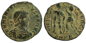 Honorius. (393-395 AD). Follis. (18mm, 1,93g) Cyzicus. Obv: DN HONORIVS PF AVG. pearl-diademed bust of Honorius right. Rev: VIRTVS EXERCITI. Honorius ...