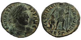 Valens. (364-367 AD). Æ Follis. (18mm, 2,29g) Antioch. Obv: D N VALENS P F AVG. perl-diademed bust of Valens right. Rev: GLORIA ROMANORVM. emperor wal...