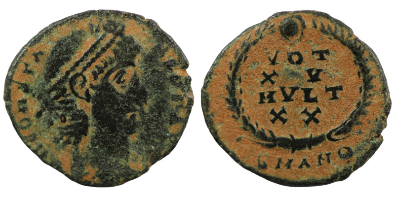 Constans. (347-348 AD). Æ Follis. (14mm, 1,34g) Antioch. Obv: D N CONSTANS P F A...