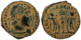 Constantinus I. (306-337 AD). Æ Follis. (16mm, 1,46g) Antioch. Obv: CONSTANTINVS MAX AVG. pearl-diademed bust of Constantinus I. right. Rev: GLORIA EX...