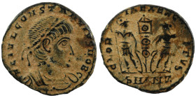 Constantinus I. (306-337 AD). Æ Follis. (16mm, 1,65g) Antioch. Obv: CONSTANTINVS MAX AVG. pearl-diademed bust of Constantinus I. right. Rev: GLORIA EX...