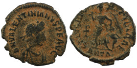 Valentinian II. (375-392 AD). Æ Follis. (13mm, 0,67g) Antioch. Obv:  D N VALENTINIANVS P F AVG. diademed bust of Valentinian right. Rev: SALUS REIPUBL...