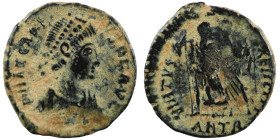 Arcadius. (394-400 AD). Follis. (17mm, 2,11g) Antioch. Obv: DN ARCADIVS PF AVG. diademed bust of Arcadius right. Rev: VIRTVS EXERCITI. Arcadius standi...