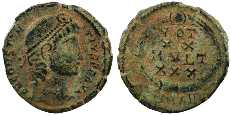 Constans. (347-348 AD). Æ Follis. (14mm, 1,36g) Antioch. Obv: D N CONSTANS P F A...