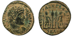 Constantinus I. (306-337 AD). Æ Follis. (18mm, 1,86g) Antioch. Obv: CONSTANTINVS MAX AVG. pearl-diademed bust of Constantinus I. right. Rev: GLORIA EX...
