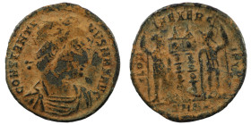 Constantinus I. (306-337 AD). Æ Follis. (18mm, 1,56g) Antioch. Obv: CONSTANTINVS MAX AVG. pearl-diademed bust of Constantinus I. right. Rev: GLORIA EX...