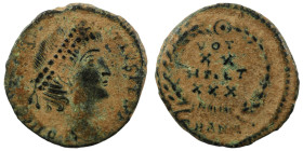 Constans. (347-348 AD). Æ Follis. (16mm, 1,62g) Antioch. Obv: D N CONSTANS P F AVG. pearl-diademed bust of Constans right. Rev: VOT / XX / MVLT / XXX....