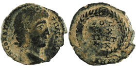 Constans. (347-348 AD). Æ Follis. (16mm, 1,54g) Antioch. Obv: D N CONSTANS P F AVG. pearl-diademed bust of Constans right. Rev: VOT / XX / MVLT / XXX....