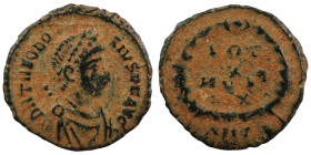 Theodosius II. (383-392 AD). Æ Follis. (13mm, 1,01g) Antioch. Obv:  D N THEODOSIVS P F AVG. diademed bust of Theodosius right. Rev: VOT / X / MVLT / X...