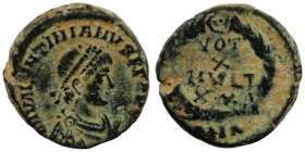Valentinian II. (380 AD). Æ Follis. (13mm, 1,49g) Antioch. Obv: D N VALENTINIANVS P F AVG. pearl-diademed bust of Valentinian right. Rev: VOT X MVLT X...