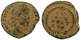Constans. (347-348 AD). Æ Follis. (15mm, 1,53g) Antioch. Obv: D N CONSTANS P F AVG. pearl-diademed bust of Constans right. Rev: VOT / XX / MVLT / XXX....