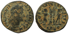 Constans. (346-349 AD). Æ Follis. (18mm, 2,17g) Nicomedia. Obv: DN FL CONSTANS PF AVG. pearl-diademed bust of Constans right. Rev: GLORIA EXERCITVS. t...