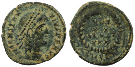 Constans. (347-348 AD). Æ Follis. (18mm, 1,74g) Antioch. Obv: D N CONSTANS P F AVG. pearl-diademed bust of Constans right. Rev: VOT / XX / MVLT / XXX....