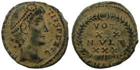 Constans. (347-348 AD). Æ Follis. (14mm, 1,80g) Antioch. Obv: D N CONSTANS P F AVG. pearl-diademed bust of Constans right. Rev: VOT / XX / MVLT / XXX....