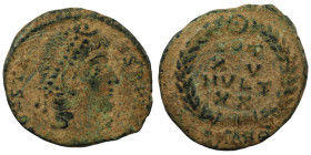 Constans. (347-348 AD). Æ Follis. (17mm, 1,52g) Antioch. Obv: D N CONSTANS P F AVG. pearl-diademed bust of Constans right. Rev: VOT / XX / MVLT / XXX....