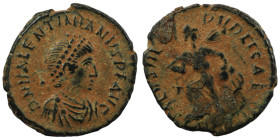 Valentinian II. (375-392 AD). Æ Follis. (13mm, 1,10g) Antioch. Obv:  D N VALENTINIANVS P F AVG. diademed bust of Valentinian right. Rev: SALUS REIPUBL...