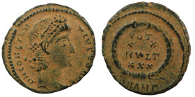 Constans. (347-348 AD). Æ Follis. (16mm, 1,66g) Antioch. Obv: D N CONSTANS P F AVG. pearl-diademed bust of Constans right. Rev: VOT / XX / MVLT / XXX....