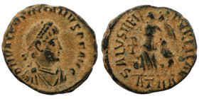 Valentinian II. (375-392 AD). Æ Follis. (13mm, 1,39g) Antioch. Obv:  D N VALENTINIANVS P F AVG. diademed bust of Valentinian right. Rev: SALUS REIPUBL...
