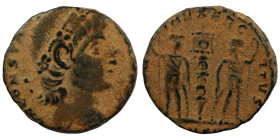 Constans. (346-349 AD). Æ Follis. (14mm, 1,54g) Heraclea. Obv: DN FL CONSTANS PF AVG. pearl-diademed bust of Constans right. Rev: GLORIA EXERCITVS. tw...
