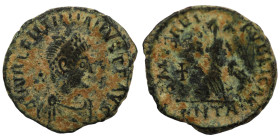 Valentinian II. (375-392 AD). Æ Follis. (14mm, 1,21g) Antioch. Obv:  D N VALENTINIANVS P F AVG. diademed bust of Valentinian right. Rev: SALUS REIPUBL...