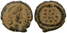 Constans. (347-348 AD). Æ Follis. (15mm, 2,12g) Antioch. Obv: D N CONSTANS P F AVG. pearl-diademed bust of Constans right. Rev: VOT / XX / MVLT / XXX....