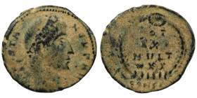 Constans. (347-348 AD). Æ Follis. (16mm, 1,69g) Antioch. Obv: D N CONSTANS P F AVG. pearl-diademed bust of Constans right. Rev: VOT / XX / MVLT / XXX....