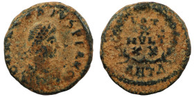 Arcadius. (383-388 AD). Æ Follis. (14mm, 1,41g) Antioch. Obv:  D N ARCADIVS P F AVG. diademed bust of Arcadius right. Rev: VOT / X / MVLT / XX. In wre...