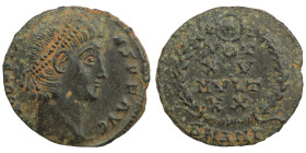 Constans. (347-348 AD). Æ Follis. (14mm, 1,34g) Antioch. Obv: D N CONSTANS P F AVG. pearl-diademed bust of Constans right. Rev: VOT / XX / MVLT / XXX....