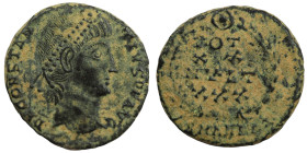 Constans. (347-348 AD). Æ Follis. (14mm, 1,94g) Antioch. Obv: D N CONSTANS P F AVG. pearl-diademed bust of Constans right. Rev: VOT / XX / MVLT / XXX....