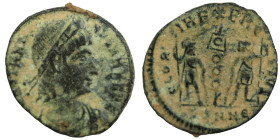 Constans. (346-349 AD). Æ Follis. (16mm, 1,37g) Nicomedia. Obv: DN FL CONSTANS PF AVG. pearl-diademed bust of Constans right. Rev: GLORIA EXERCITVS. t...
