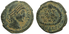 Constans. (347-348 AD). Æ Follis. (15mm, 1,78g) Antioch. Obv: D N CONSTANS P F AVG. pearl-diademed bust of Constans right. Rev: VOT / XX / MVLT / XXX....