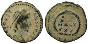 Constans. (347-348 AD). Æ Follis. (15mm, 1,67g) Antioch. Obv: D N CONSTANS P F AVG. pearl-diademed bust of Constans right. Rev: VOT / XX / MVLT / XXX....