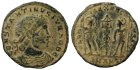 Constantinus I. (306-337 AD). Æ Follis. (16mm, 1,41g) Antioch. Obv: CONSTANTINVS MAX AVG. pearl-diademed bust of Constantinus I. right. Rev: GLORIA EX...