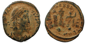 Constans. (346-349 AD). Æ Follis. (16mm, 1,86g) Antioch. Obv: DN FL CONSTANS PF AVG. pearl-diademed bust of Constans right. Rev: GLORIA EXERCITVS. two...