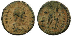 Valentinian II. (375-392 AD). Æ Follis. (13mm, 1,33g) Antioch. Obv:  D N VALENTINIANVS P F AVG. diademed bust of Valentinian right. Rev: SALUS REIPUBL...