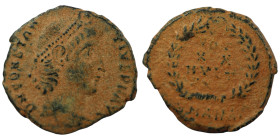 Constans. (347-348 AD). Æ Follis. (15mm, 1,85g) Antioch. Obv: D N CONSTANS P F AVG. pearl-diademed bust of Constans right. Rev: VOT / XX / MVLT / XXX....