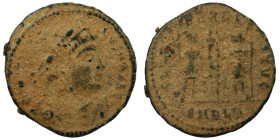 Constans. (347-348 AD). Æ Follis. (15mm, 1,82g) Antioch. Obv: D N CONSTANS P F AVG. pearl-diademed bust of Constans right. Rev: VOT / XX / MVLT / XXX....