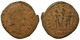Constans. (346-349 AD). Æ Follis. (16mm, 1,75g) Antioch. Obv: DN FL CONSTANS PF AVG. pearl-diademed bust of Constans right. Rev: GLORIA EXERCITVS. two...