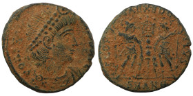 Constans. (346-349 AD). Æ Follis. (17mm, 1,96g) Heraclea. Obv: DN FL CONSTANS PF AVG. pearl-diademed bust of Constans right. Rev: GLORIA EXERCITVS. tw...