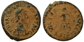 Valentinian II. (375-392 AD). Æ Follis. (14mm, 1,00g) Antioch. Obv:  D N VALENTINIANVS P F AVG. diademed bust of Valentinian right. Rev: SALUS REIPUBL...