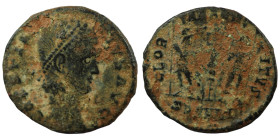 Constans. (346-349 AD). Æ Follis. (16mm, 1,32g) Heraclea. Obv: DN FL CONSTANS PF AVG. pearl-diademed bust of Constans right. Rev: GLORIA EXERCITVS. tw...