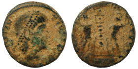Constans. (346-349 AD). Æ Follis. (15mm, 1,92g) Heraclea. Obv: DN FL CONSTANS PF AVG. pearl-diademed bust of Constans right. Rev: GLORIA EXERCITVS. tw...