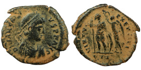 Arcadius. (394-400 AD). Follis. (20mm, 1,88g) Antioch. Obv: DN ARCADIVS PF AVG. diademed bust of Arcadius right. Rev: VIRTVS EXERCITI. Arcadius standi...