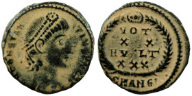 Constans. (347-348 AD). Æ Follis. (15mm, 1,85g) Antioch. Obv: D N CONSTANS P F AVG. pearl-diademed bust of Constans right. Rev: VOT / XX / MVLT / XXX....